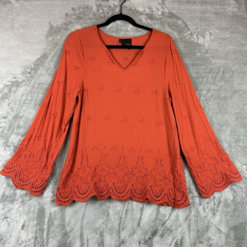 Liv Los Angeles Top Blouse Women's M Orange Eyelet Bell Sleeve